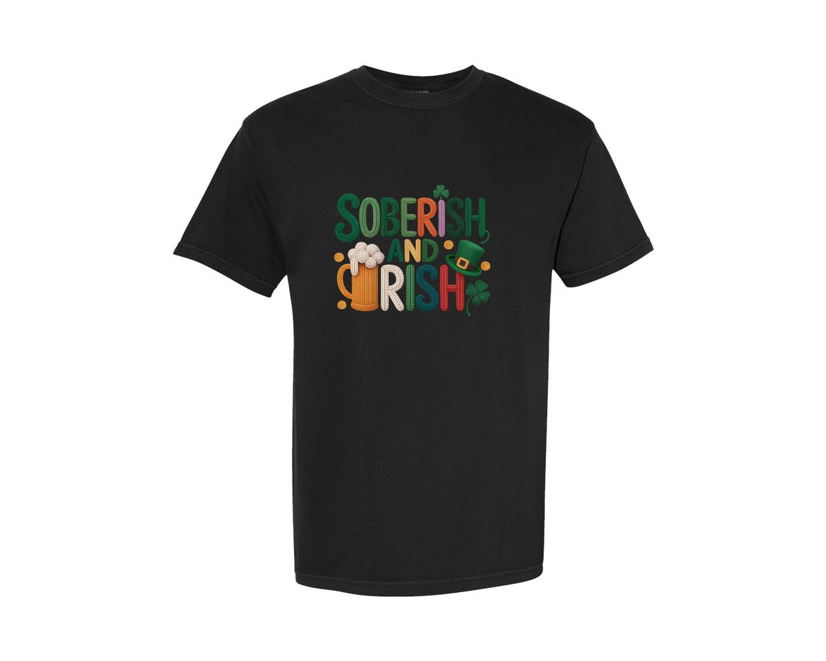 brand:Comfort Colors|color:Black|Faux Yarn Soberish And Irish Beer Graphic T-Shirt