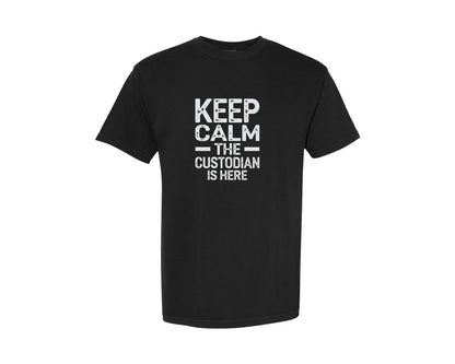 brand:Comfort Colors|color:Black|Keep Calm Custodian Here Graphic T-Shirt
