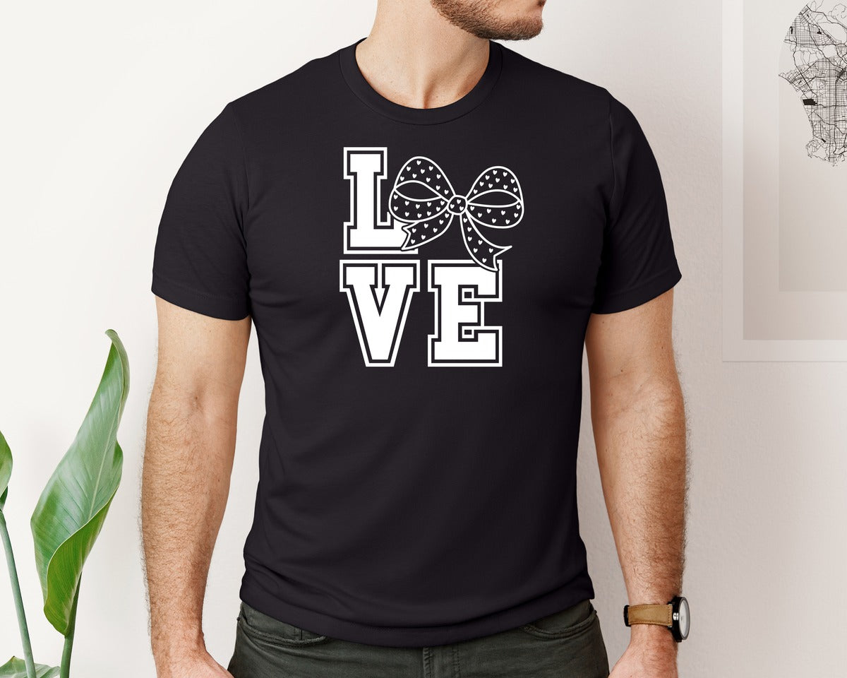 brand:Bella Canvas|color:Black|Varsity Love Bow Valentine Day Graphic T-Shirt