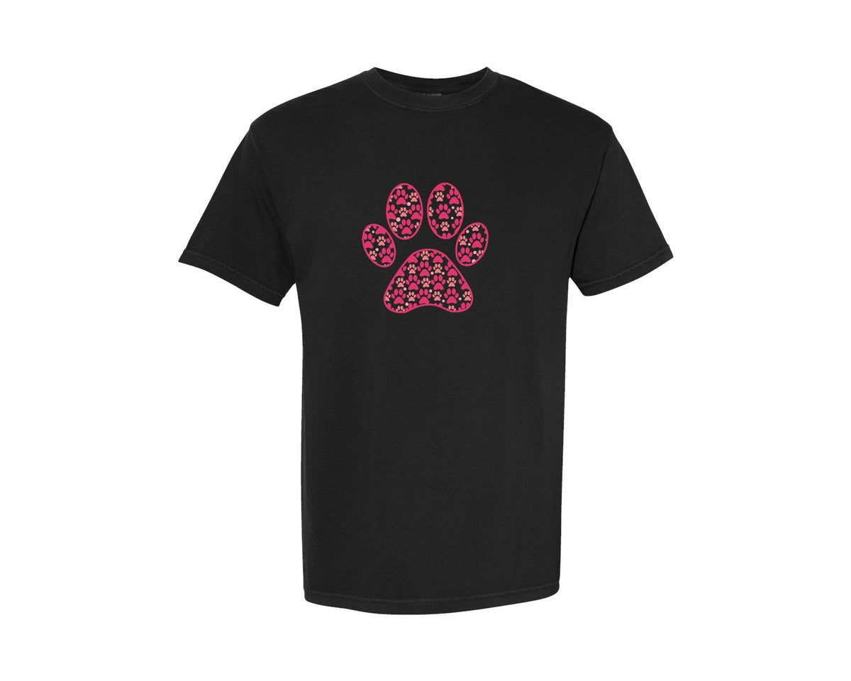 brand:Comfort Colors|color:Black|Dog Paw Print Dog Mom Valentines Shirt Graphic T-Shirt