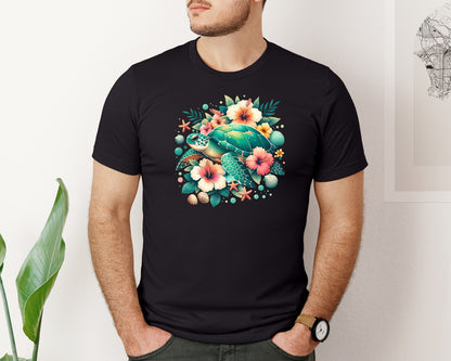 brand:Bella Canvas|color:Black|Ocean Turtle Tropical Flowers Graphic T-Shirt