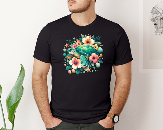 Ocean Turtle Tropical Flowers Graphic T-Shirt