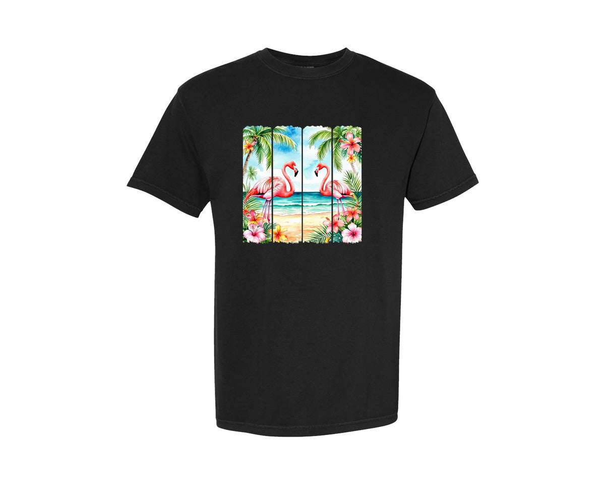 brand:Comfort Colors|color:Black|Sea Beach Flamingos Tropic Flowers Graphic T-Shirt