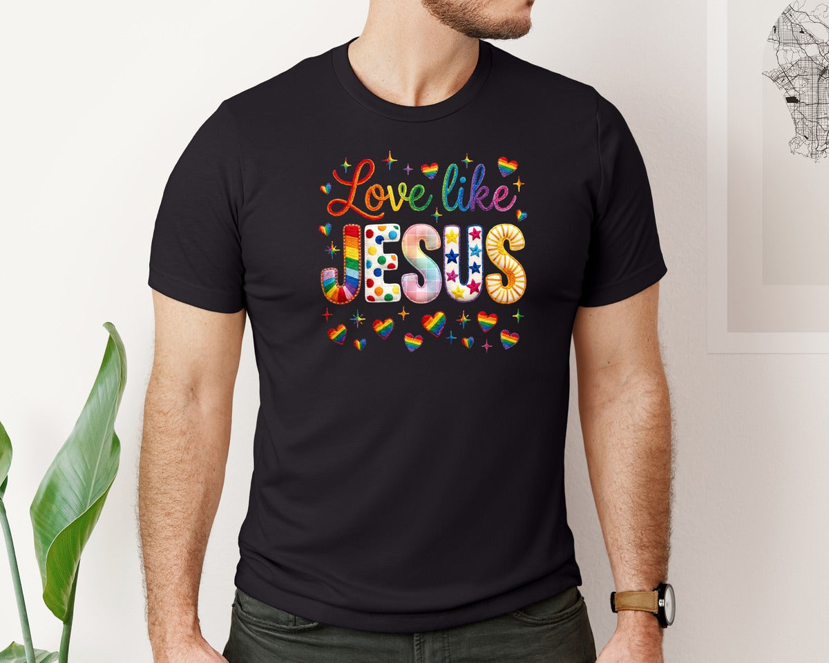 brand:Bella Canvas|color:Black|Love Like Jesus Rainbow Yarn Valentine Tshirt Graphic T-Shirt