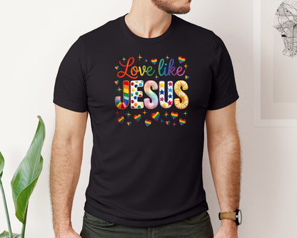 brand:Bella Canvas|color:Black|Love Like Jesus Rainbow Yarn Valentine Tshirt Graphic T-Shirt