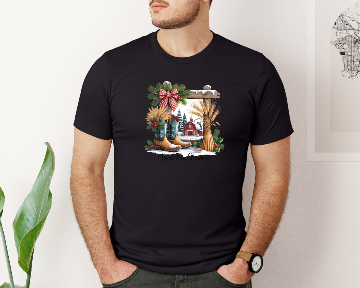 brand:Bella Canvas|color:Black|Small Town Christmas Farm Scene Graphic T-Shirt