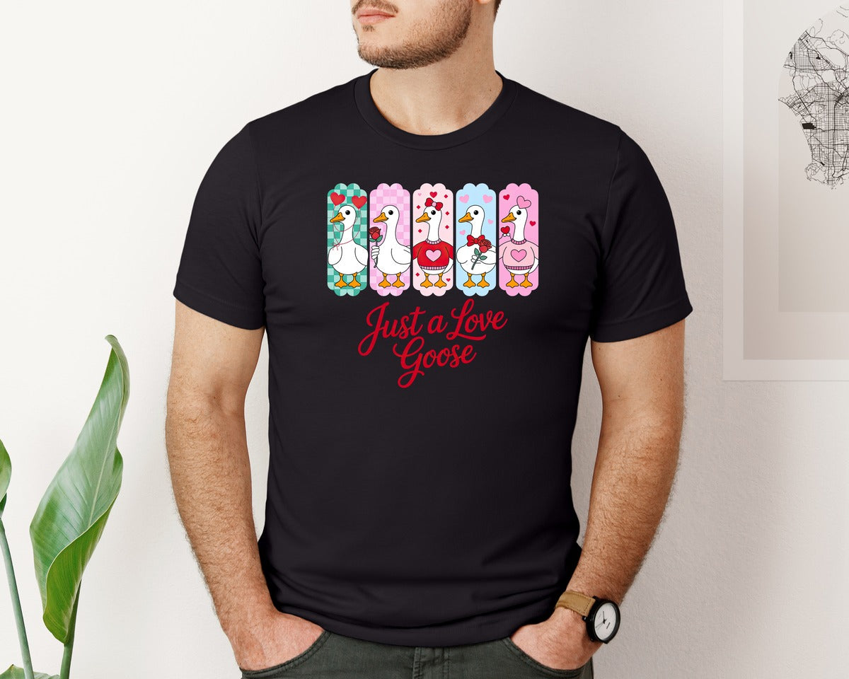 brand:Bella Canvas|color:Black|Cute Love Goose Valentine Graphic T-Shirt