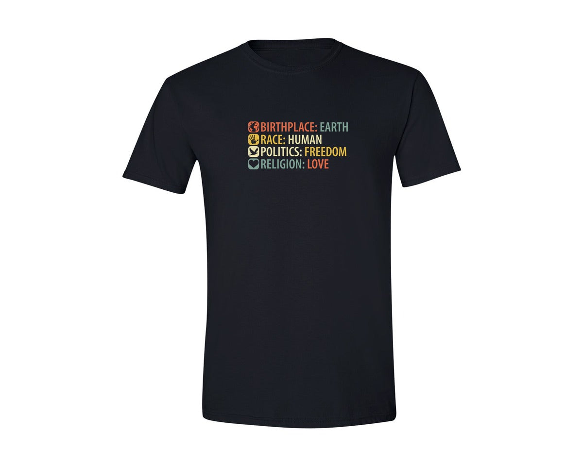 brand:Generic|color:Black|Birthplace Earth Race Human Politics Fre Graphic T-Shirt
