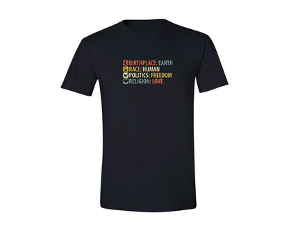 brand:Generic|color:Black|Birthplace Earth Race Human Politics Fre Graphic T-Shirt