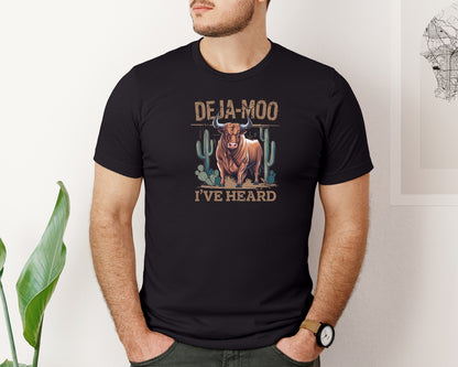 brand:Bella Canvas|color:Black|Deja Moo Heard This Bull Before Cow Graphic T-Shirt