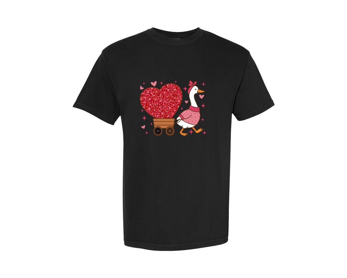 brand:Comfort Colors|color:Black|Valentine Goose Glitter Heart Graphic T-Shirt