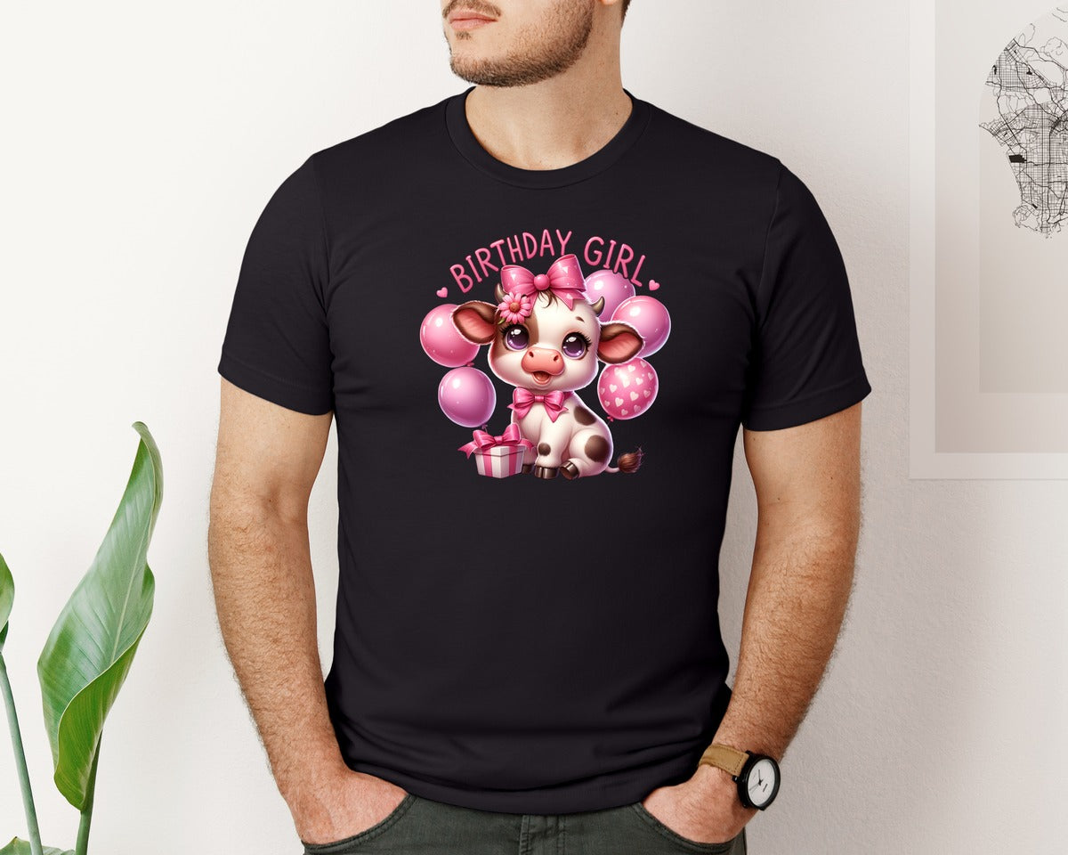 brand:Bella Canvas|color:Black|Baby Cow Birthday Girl Graphic T-Shirt