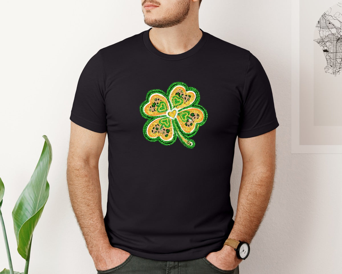 brand:Bella Canvas|color:Black|St Patricks Day Glitter Shamrock 2 Graphic T-Shirt