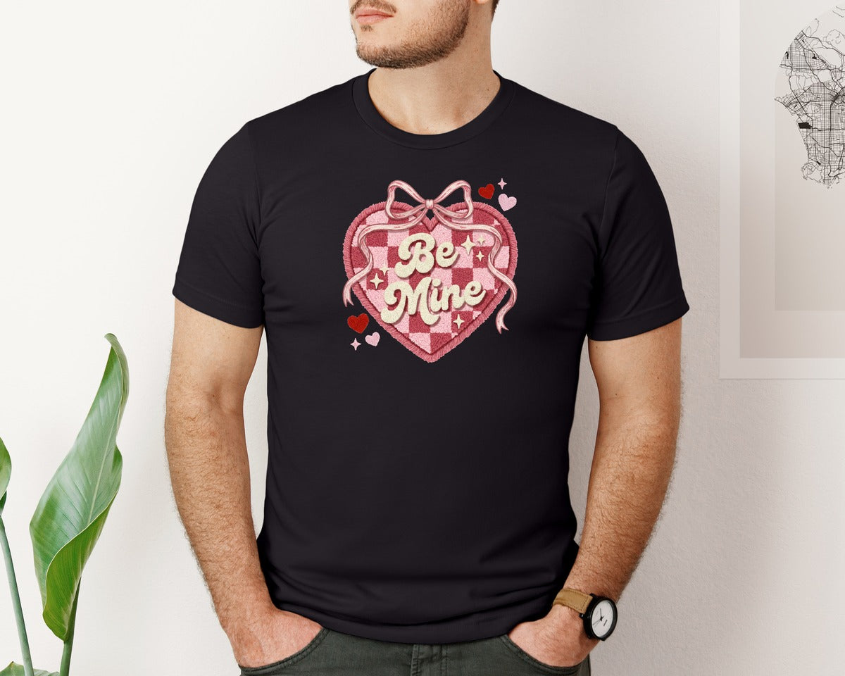 brand:Bella Canvas|color:Black|Be Mine Valentine Heart Faux Yarn Graphic T-Shirt