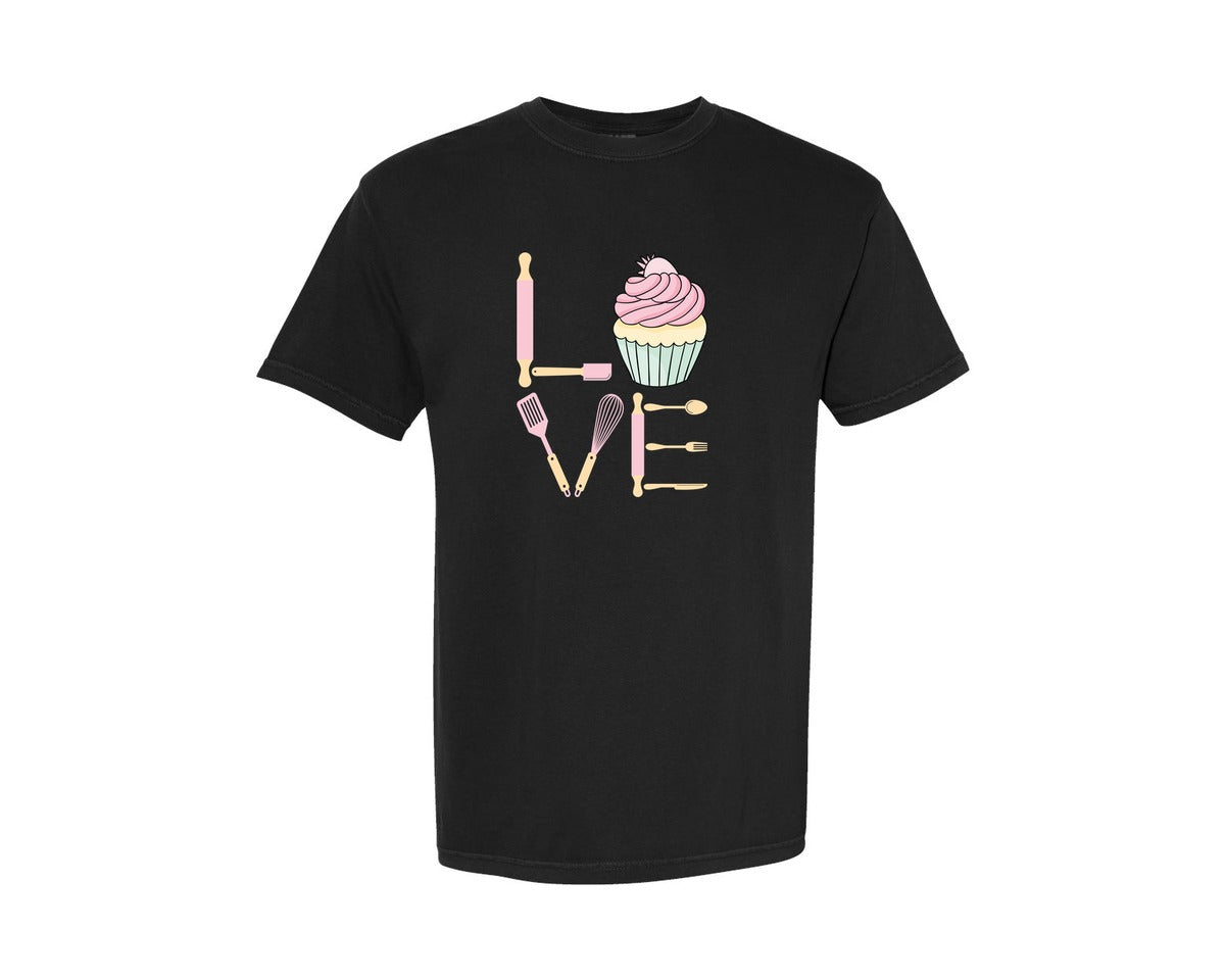 brand:Comfort Colors|color:Black|Baking Love Cupcake Whisk Spatula Graphic T-Shirt