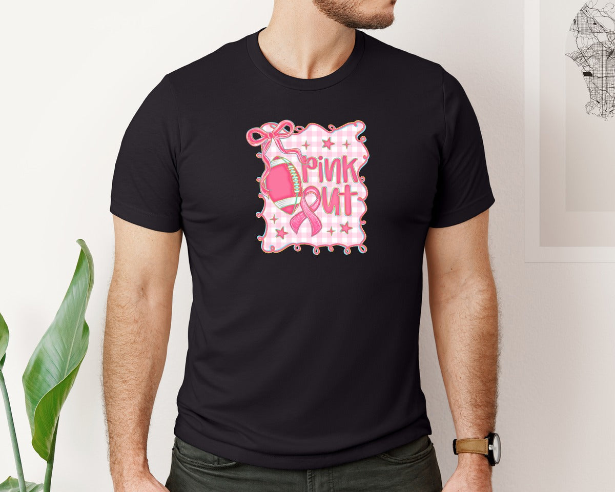 brand:Bella Canvas|color:Black|Pink Out Football Breast Cancer Graphic T-Shirt
