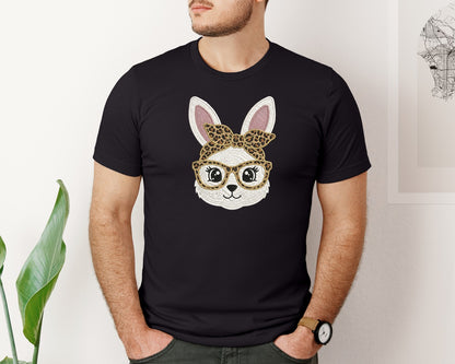 brand:Bella Canvas|color:Black|Cute Bunny With Leopard Bow Glasses Graphic T-Shirt