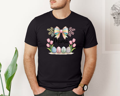 brand:Bella Canvas|color:Black|Mama Floral Easter Spring Bunny Egg Graphic T-Shirt