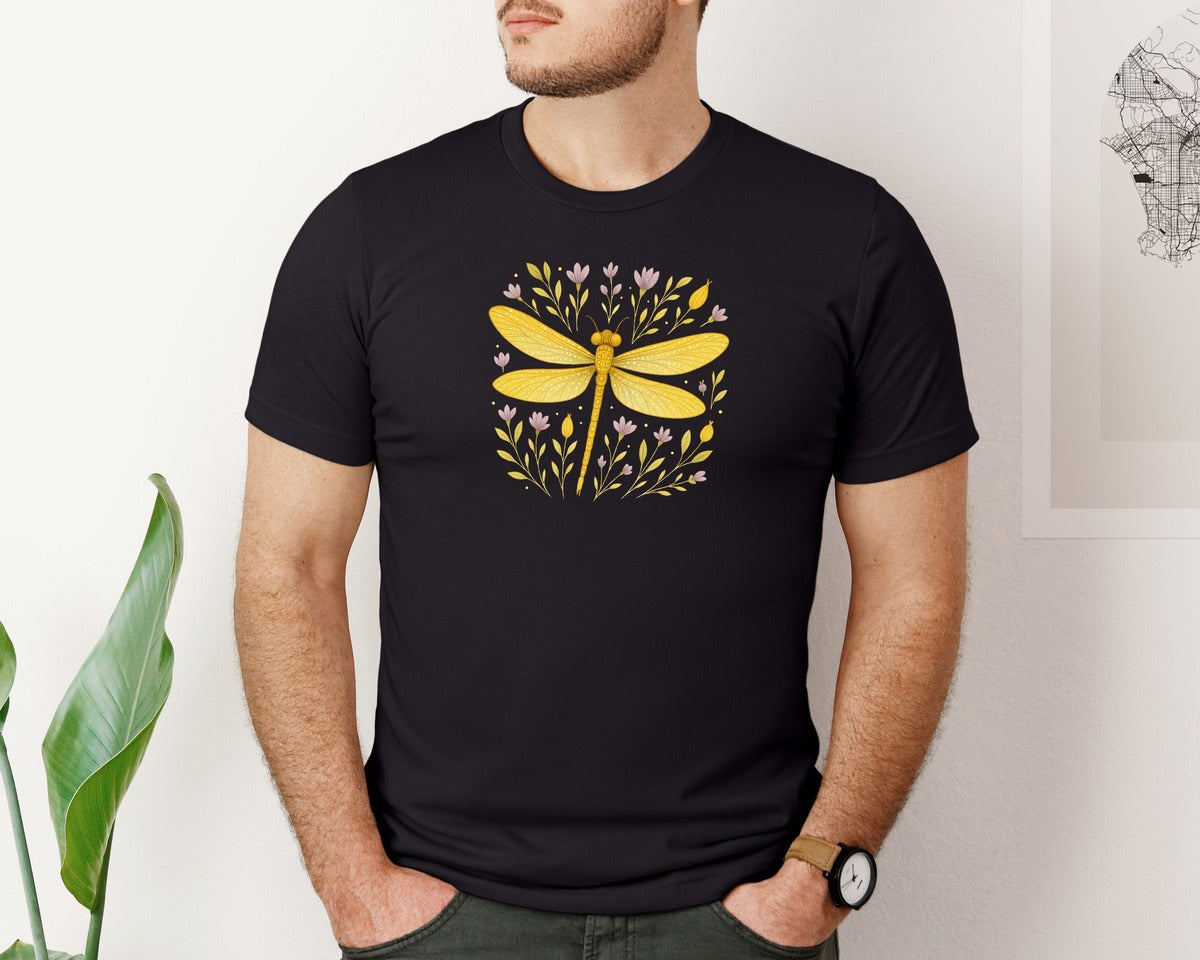 brand:Bella Canvas|color:Black|Dragonfly Vintage Botanical Flowers 3 Graphic T-Shirt