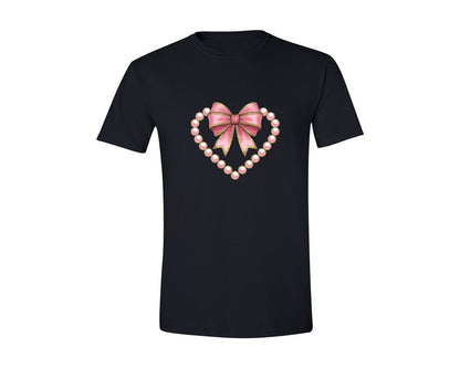 brand:Generic|color:Black|Preppy Coquette Bow Pearl Heart Graphic T-Shirt