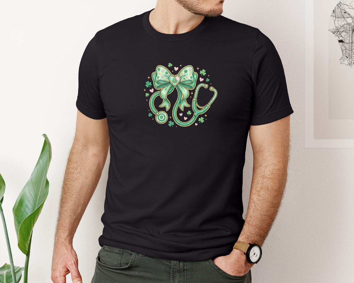 brand:Bella Canvas|color:Black|St Patricks Day Bow Stethoscope Graphic T-Shirt