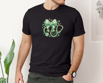 brand:Bella Canvas|color:Black|St Patricks Day Bow Stethoscope Graphic T-Shirt