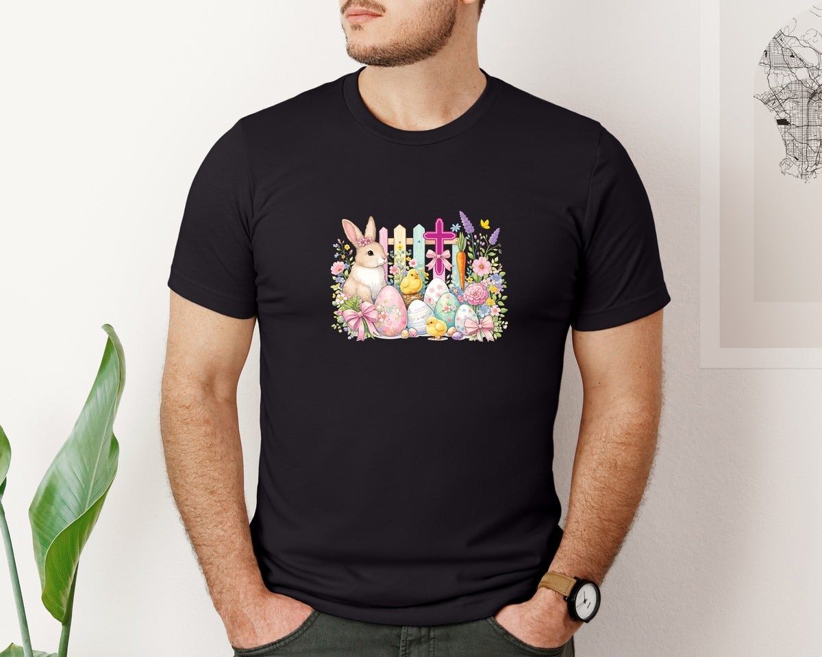 brand:Bella Canvas|color:Black|Christian Bunny Cross Floral Easter Day Graphic T-Shirt