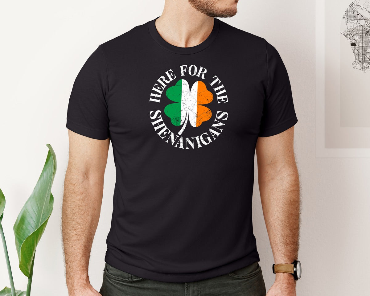 brand:Bella Canvas|color:Black|Rish Flag Shamrock Here For Shenanigans Graphic T-Shirt