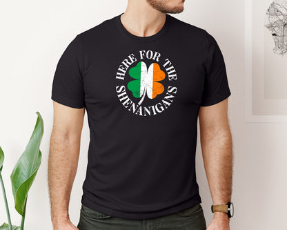 brand:Bella Canvas|color:Black|Rish Flag Shamrock Here For Shenanigans Graphic T-Shirt