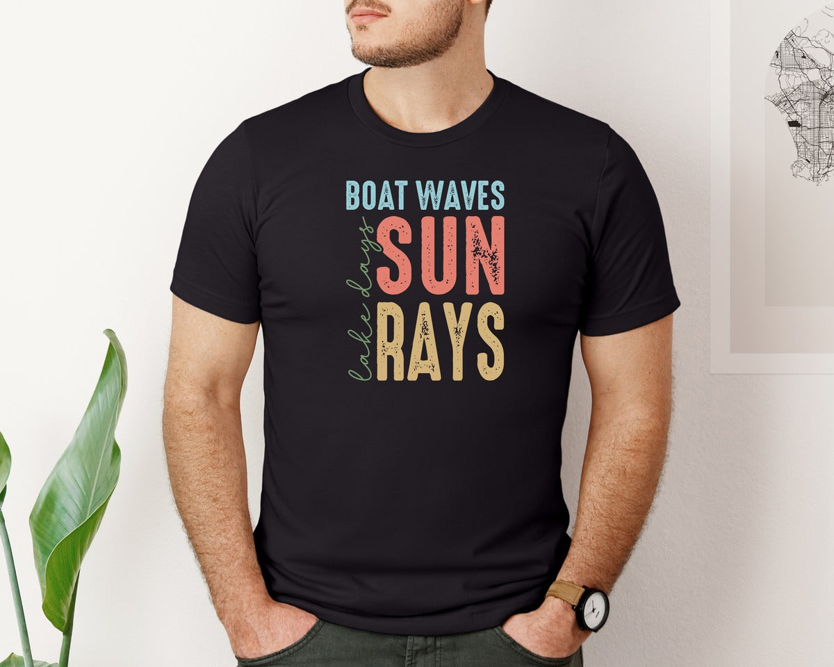 brand:Bella Canvas|color:Black|Boat Waves Sun Ray Lake Days Summer Graphic T-Shirt