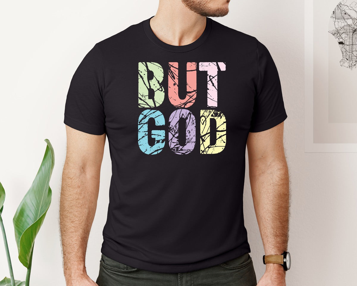 brand:Bella Canvas|color:Black|But God Preppy Christian Women Graphic T-Shirt