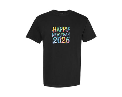brand:Comfort Colors|color:Black|Watercolor Happy New Year 2026 Shirt Graphic T-Shirt