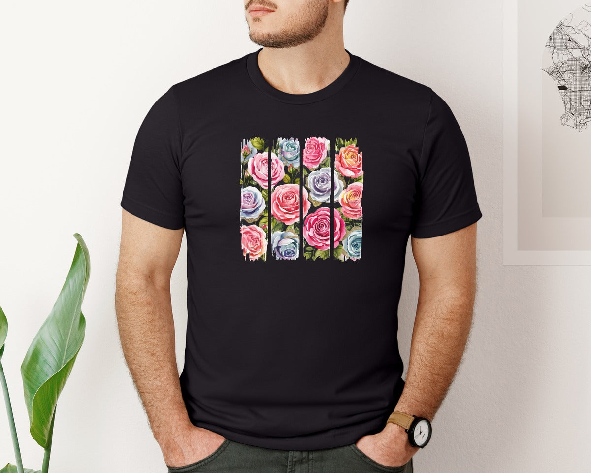 brand:Bella Canvas|color:Black|Watercolor Brushstroke Roses Flowers Graphic T-Shirt