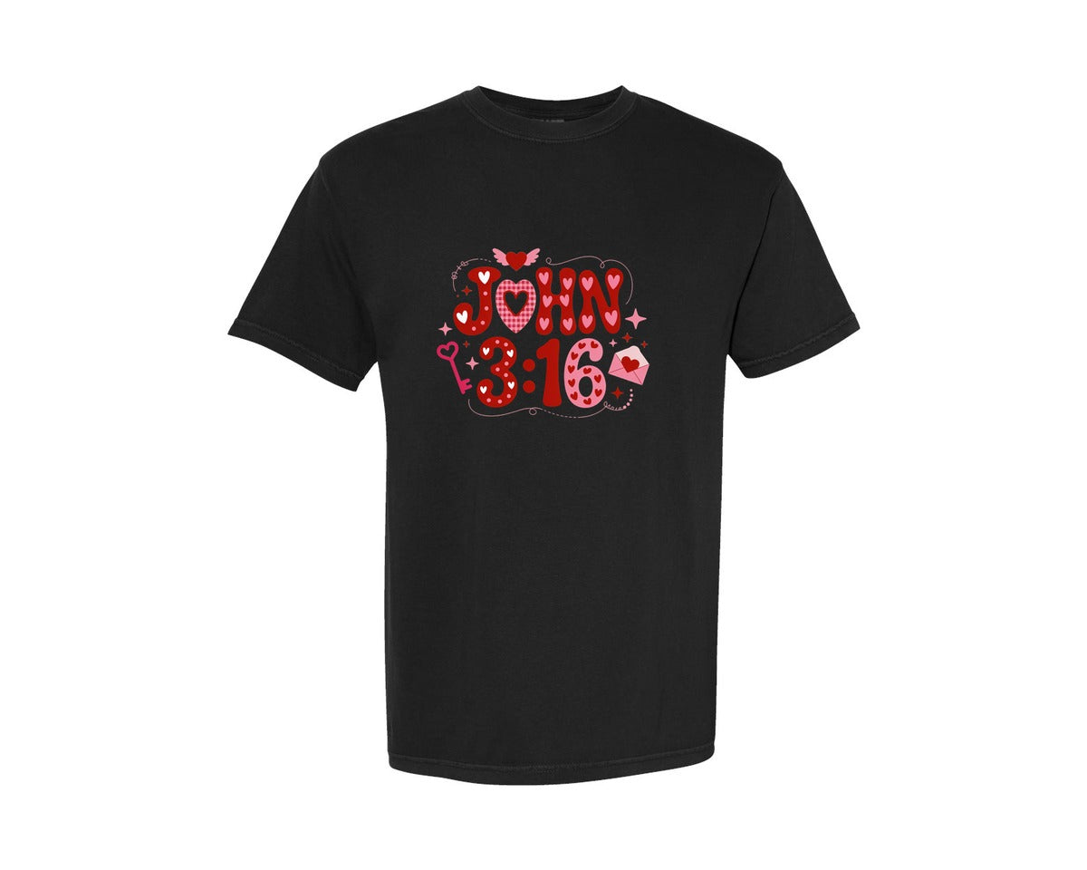 brand:Comfort Colors|color:Black|John 316 Loved Valentinechristian Graphic T-Shirt