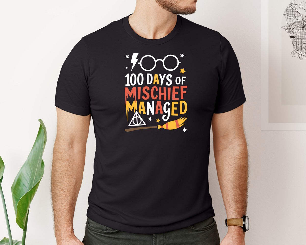 brand:Bella Canvas|color:Black|100 Days Of Mischief Managed Graphic T-Shirt