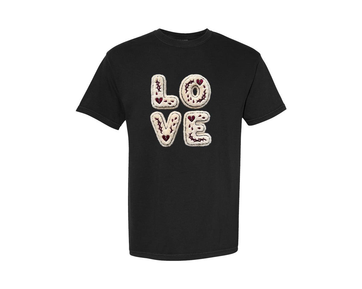 brand:Comfort Colors|color:Black|Love Gothic Faux Yarn Valentine Tshirt 2 Graphic T-Shirt