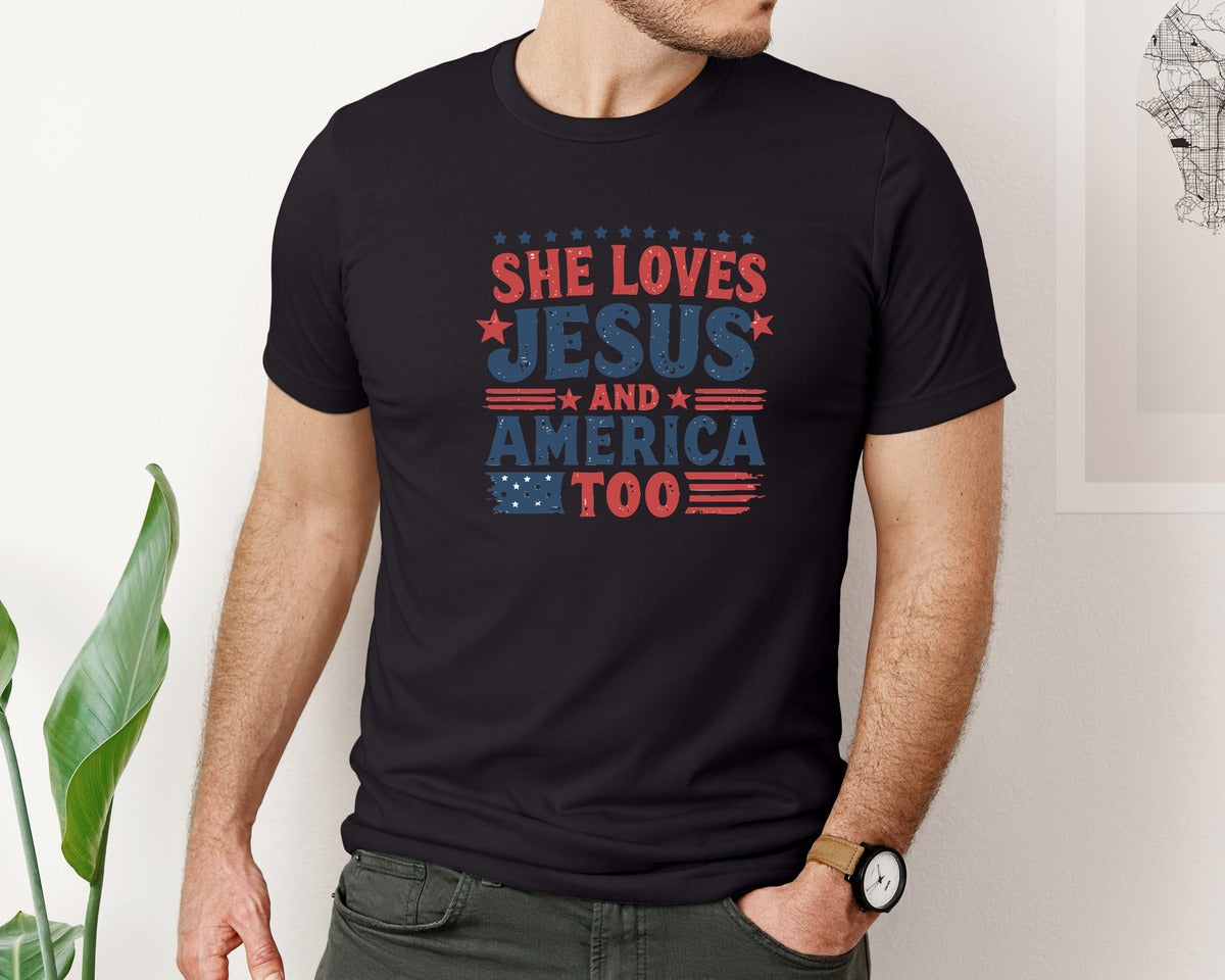 brand:Bella Canvas|color:Black|She Loves Jesus Vintage Usa Style Graphic T-Shirt