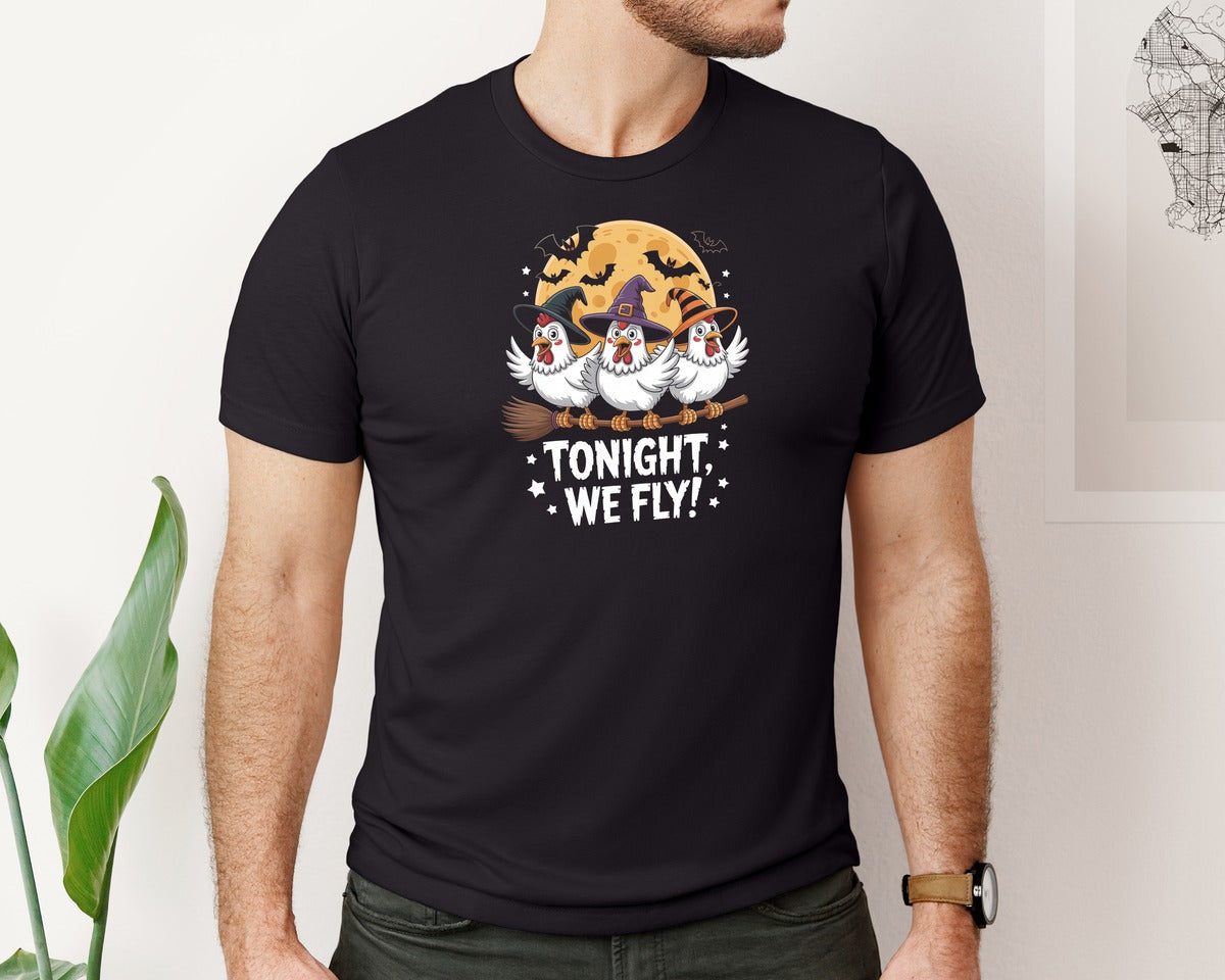brand:Bella Canvas|color:Black|Tonight We Fly Halloween Chicken Graphic T-Shirt