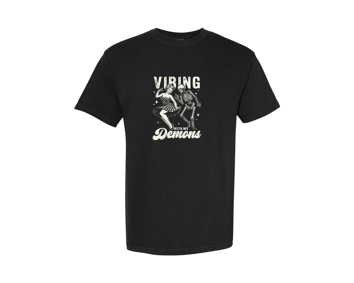 brand:Comfort Colors|color:Black|Vibing With My Demons Skeleton Graphic T-Shirt