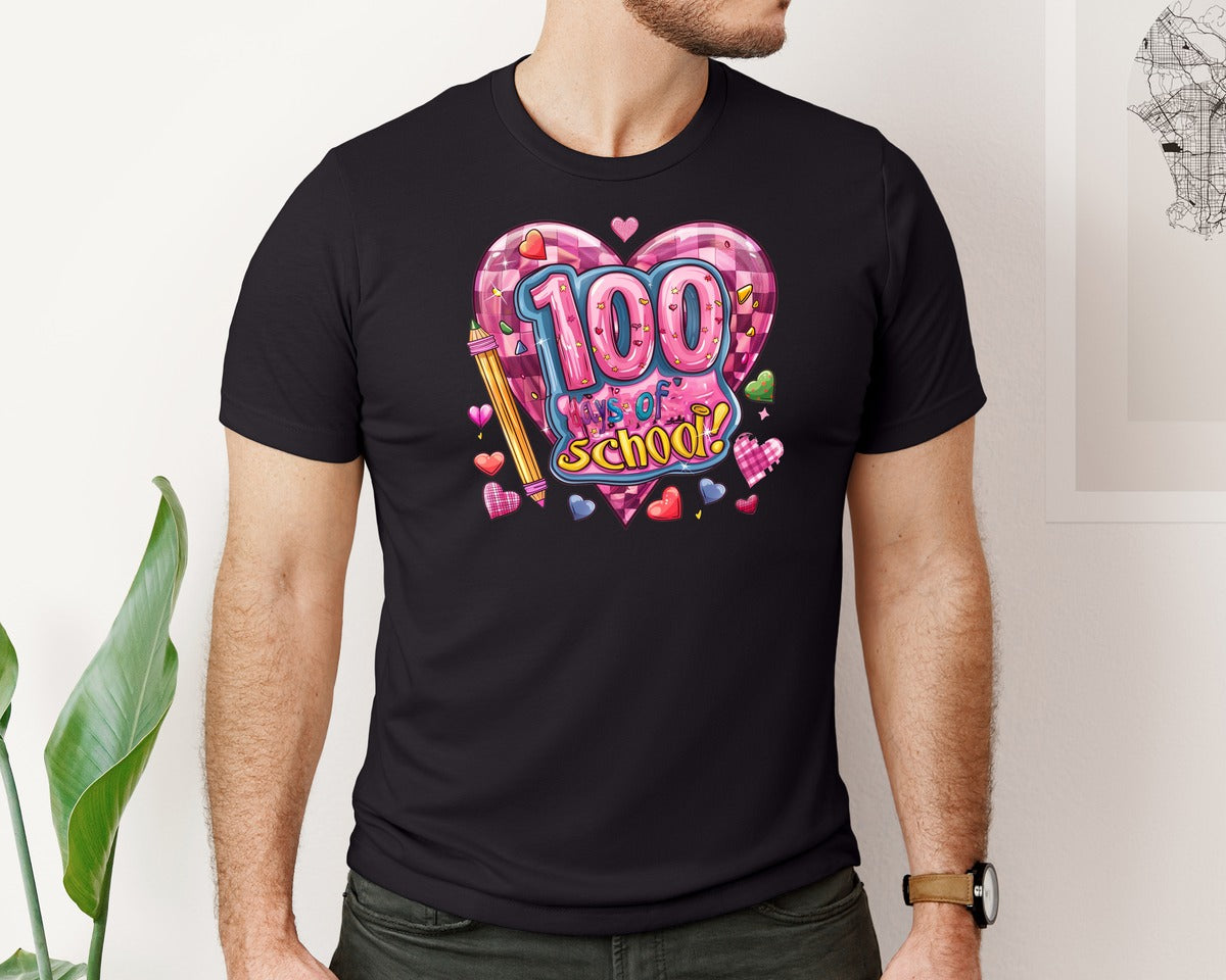 brand:Bella Canvas|color:Black|Valentine 100 Days Of School Bow Graphic T-Shirt