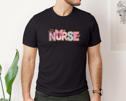 brand:Bella Canvas|color:Black|Hospital Nurse Coquette Bow Hearts Graphic T-Shirt