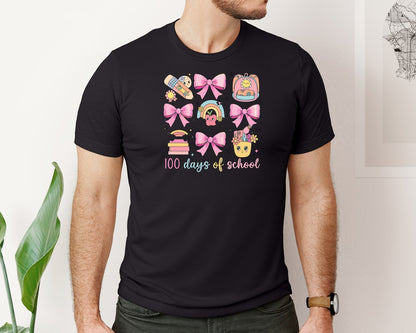brand:Bella Canvas|color:Black|Cute Pink Bow 100 Days Of School Graphic T-Shirt