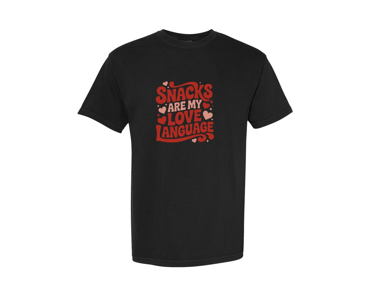 brand:Comfort Colors|color:Black|Love Speaks In Snacks Graphic T-Shirt