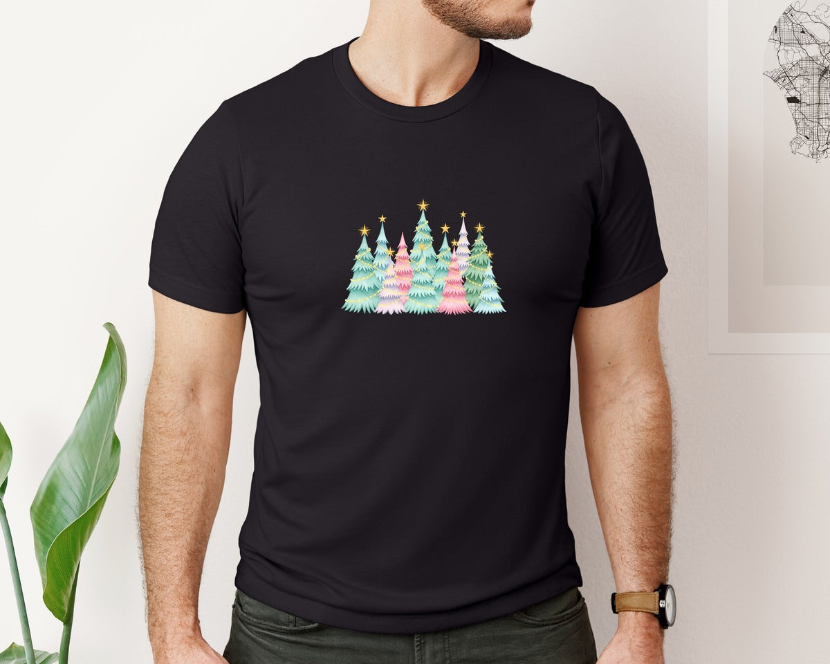 brand:Bella Canvas|color:Black|Cute Pink And Blue Christmas Trees 2 Graphic T-Shirt