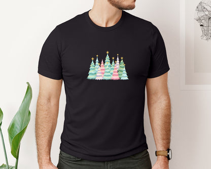 brand:Bella Canvas|color:Black|Cute Pink And Blue Christmas Trees 2 Graphic T-Shirt