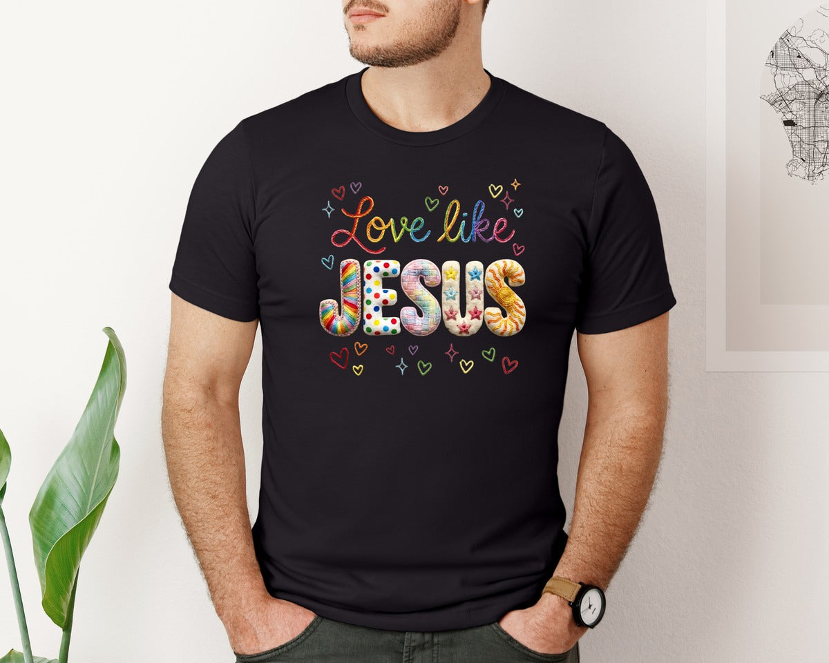 brand:Bella Canvas|color:Black|Love Like Jesus Rainbow Yarn Valentine Tshirt 2 Graphic T-Shirt
