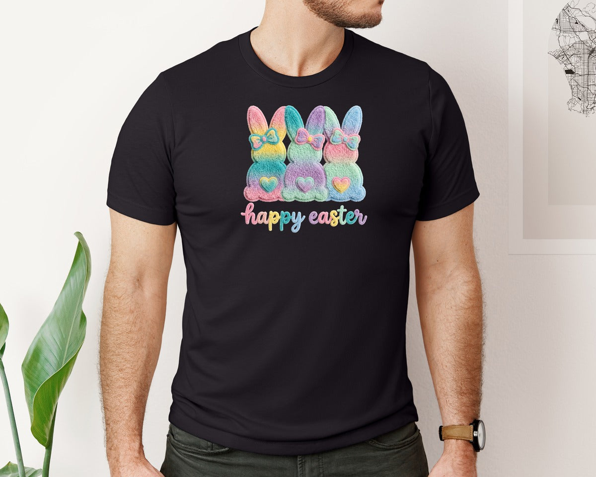 brand:Bella Canvas|color:Black|Faux Yarn Happy Easter Bunnies Graphic T-Shirt