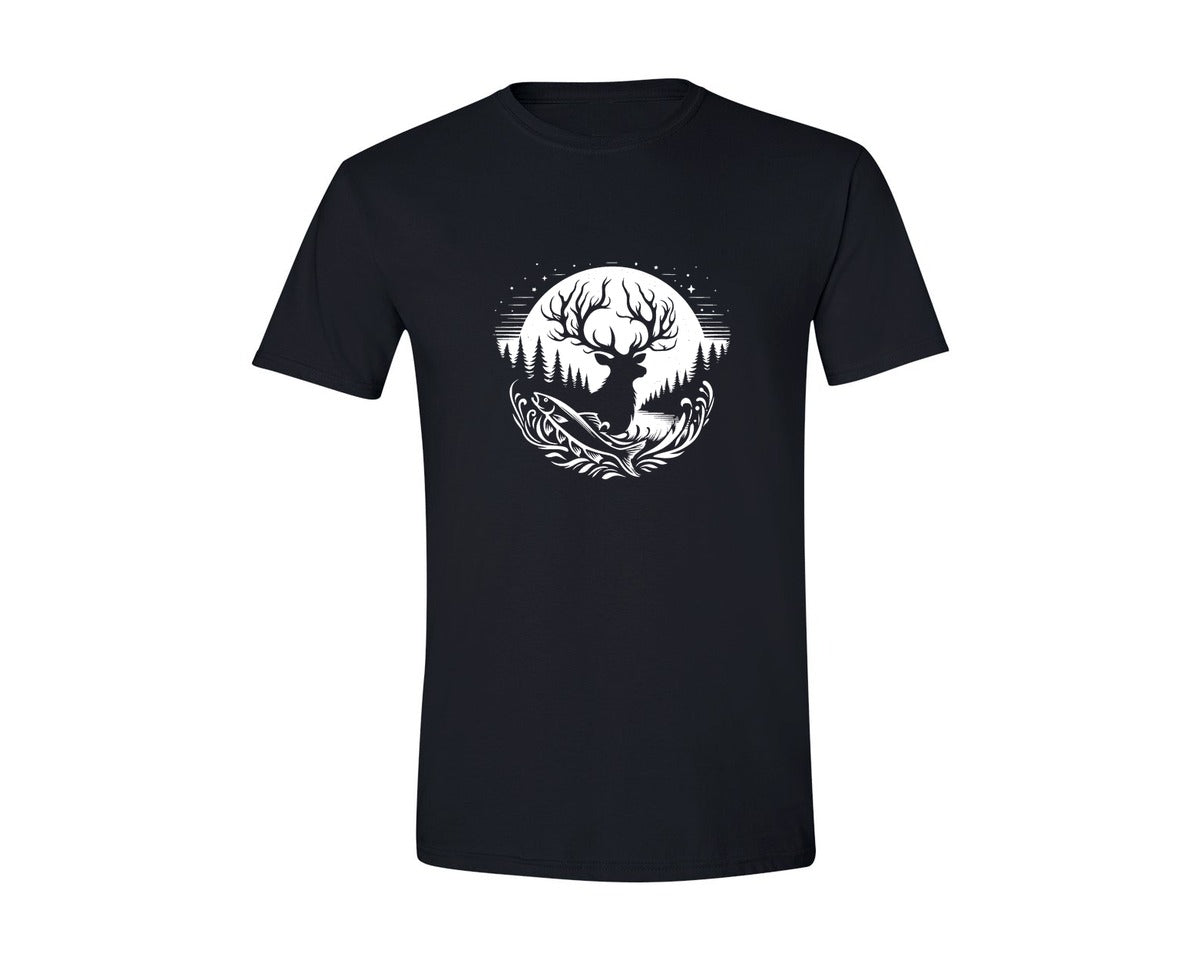 brand:Generic|color:Black|Camping Fishing Deer Fish Tree Graphic T-Shirt