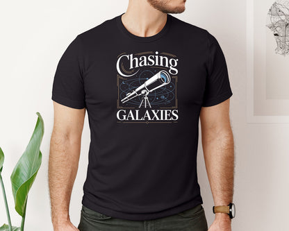 brand:Bella Canvas|color:Black|Chasing Galaxies Telescope Design Graphic T-Shirt