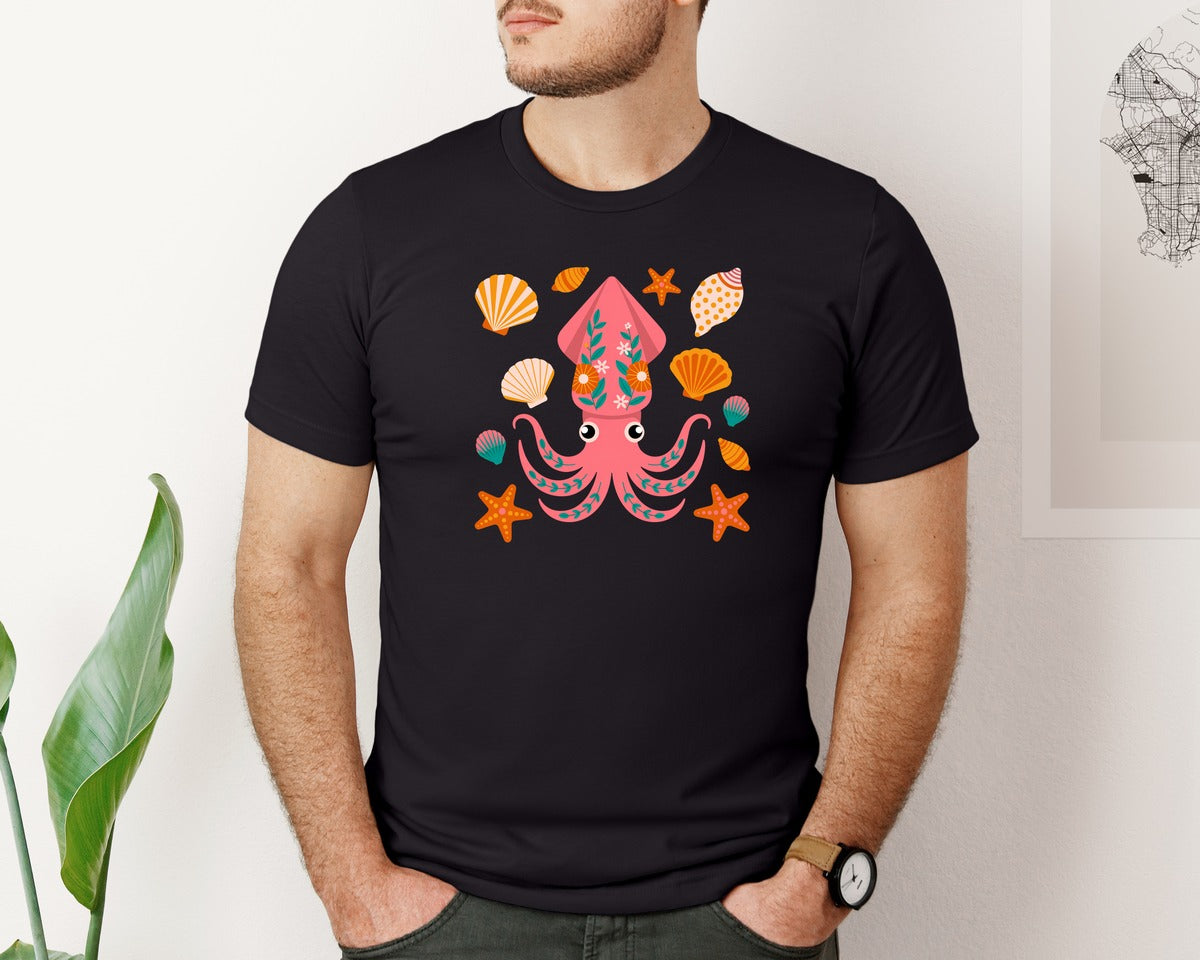brand:Bella Canvas|color:Black|Cute Floral Squid With Seashells Des Graphic T-Shirt